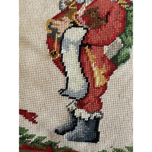 Vintage Steinwinder Needlepoint Christmas Santa Claus Pillow Bear Holly 13 x 13" - Picture 5 of 12
